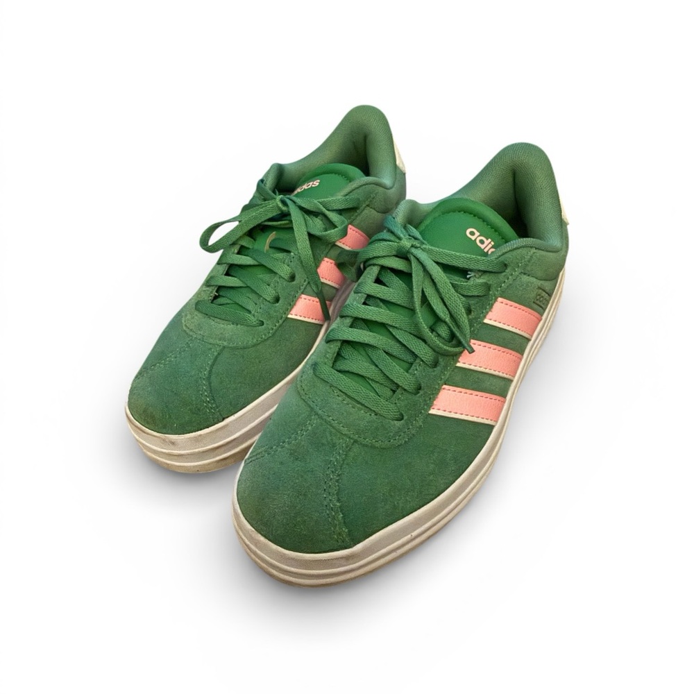 Adidas Forest Green Sneakers with Coral Stripes